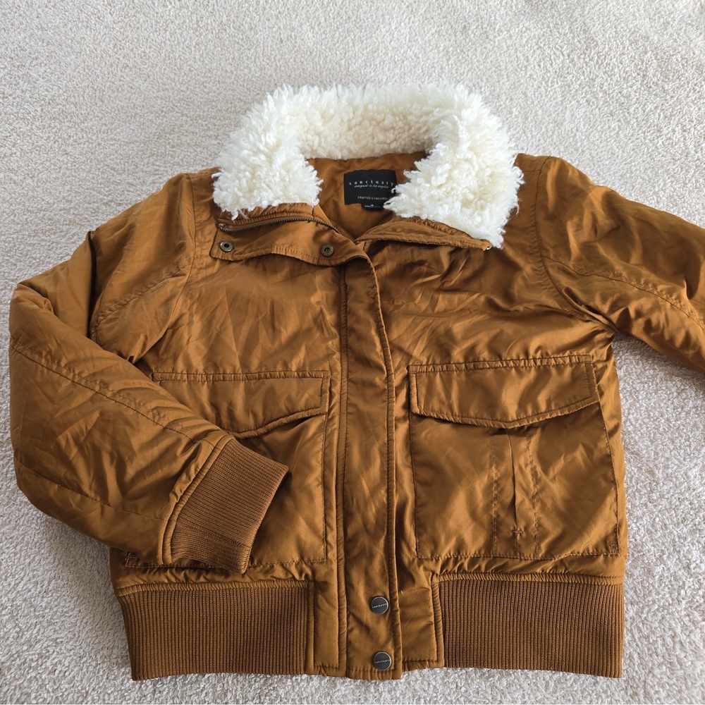 Sanctuary Aviator Flight Bomber Jacket Faux Fur Collar In Caramel Brown Size M